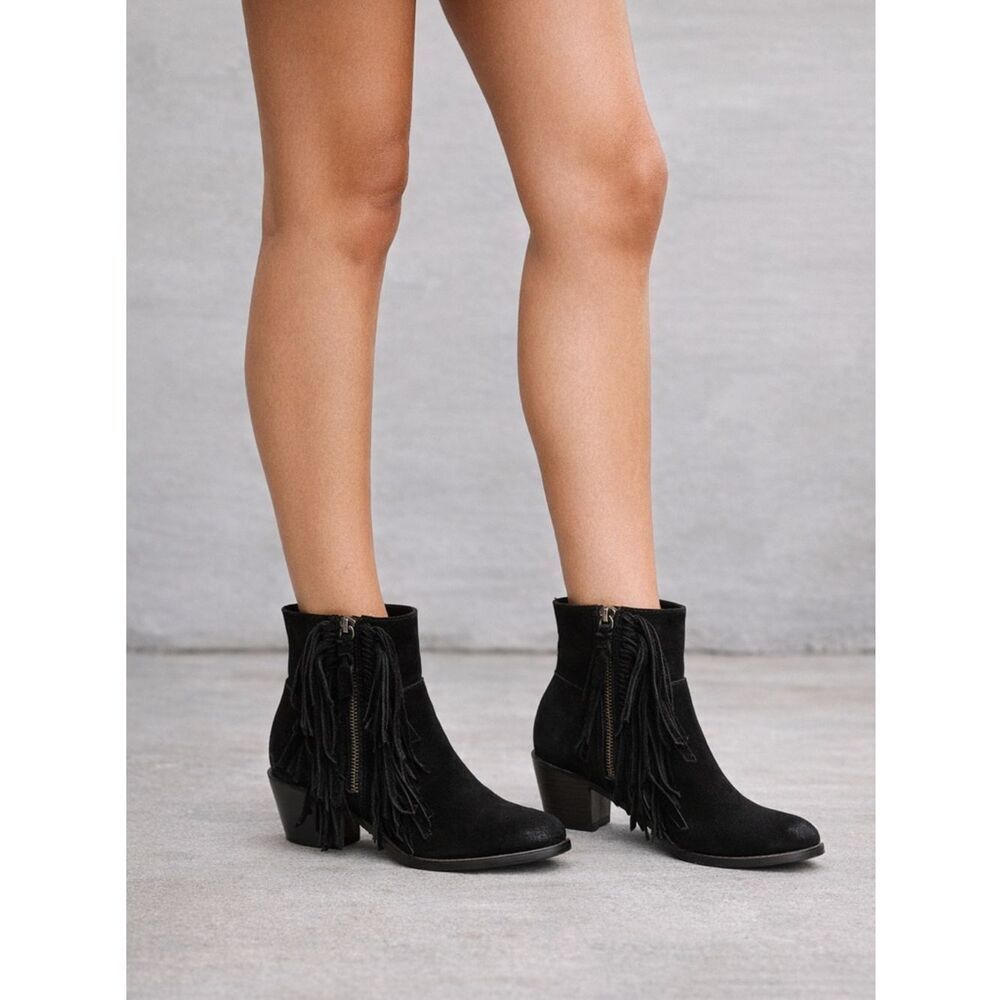 Cynthia Vincent Black Suede Fringe Ankle Boots